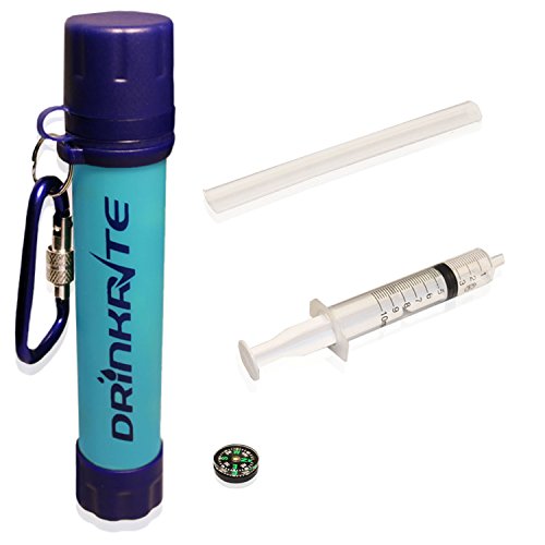 Drinkrite Personal Water Filter Straw Purifier with Locking Carabiner and Compass for Camping Backpacking and Prepper Survival Gear Removes 99.9% of Bacteria