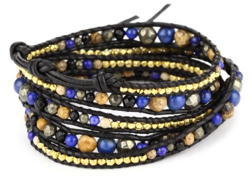 Chan Luu Blue Semi Precious Stone and Plated Beads on Leather Bracelet