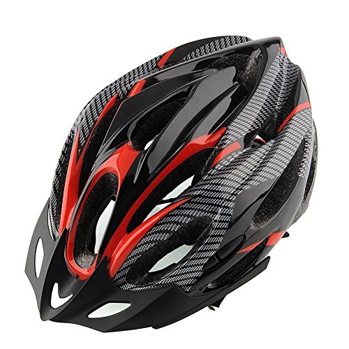 Relefree Cycling Bicycle Helmet Honeycomb Type 21 Holes Mountain Bike Racing Breezier Helmet Unisex Safety Protective Carbon with Visor Red Color Free Size Breather Durability Comfortable Cool