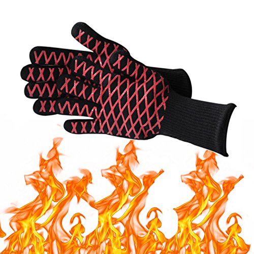 Barbecue Grilling Cooking Gloves w/ Fingers Doopo- 932°F Extreme Heat Resistant, Fire & Cut Resistant Level 4 Protection Oven Mitts - 14 Long for Extra Forearm Protection (1 pair)