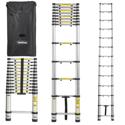 VonHaus 3.8m Aluminium Telescopic Extension / Extending Ladder / Loft Ladder with Finger Save Stoppers + Free Carry Bag & Stabilising Bar Certified to EN-131 Free 2 Year Warranty