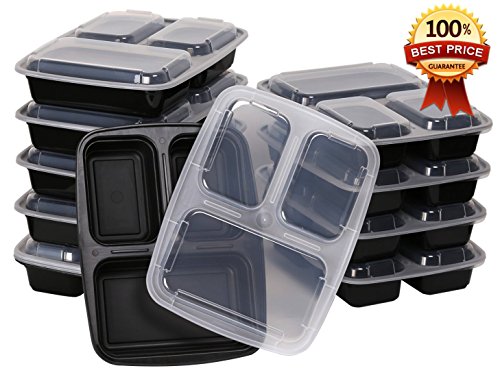 EaseMade 3 Compartment Reusable Food Storage Containers with Lids ­- Microwave and Dishwasher Safe -­ Bento Lunch Box ­- Stackable ­- Set of 7