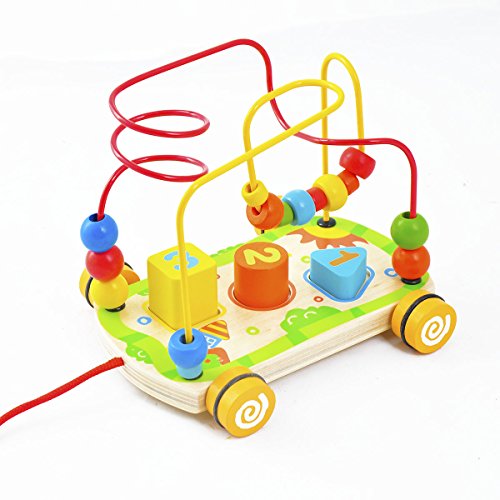 ACOOLTOY Wooden Rolling Bead Maze Toy with Pull Along String Rope and Shape Sorter puzzle for Kids Early Education