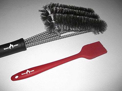 Barbeque Grill Brush By Victory Grillin' - 18 Inches Long, 3 Stainless Steel Brushes in 1, Strong Ergonomic Design, Perfect for All Grill Types, Free Basting Brush, Enhance Your Grill Experience Now!