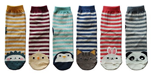 TAF Women's Animal Character Stripe Crew Neck Ankle Casual Cotton Socks(6 Pack)