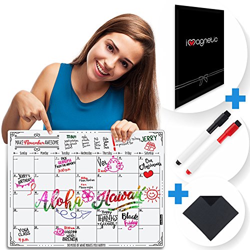 Monthly Refrigerator Calendar Magnetic Dry Erase Whiteboard + 2 Markers & Eraser, 16x12 Inches