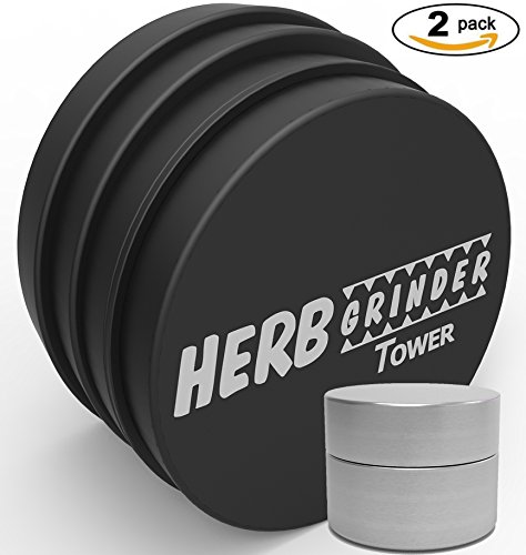 Herb Grinder Tower & FREE Stash Container - #1 Best Grinder for Herbs, Tobacco and Spices 4 Piece 2.5 Inch Aluminium with Pollen Catcher & free scraper