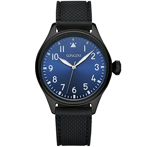 SONGDU Men's 9206 Mint Collection Simple Designed Black Tone Watch with Silicone Strap and Blue Dial