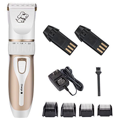 ZMG Rechargeable Cordless Pets Electric Hair Clippers Low Noise Dogs Cats Grooming Trimming Tool Kits with Comb Guides for Small, Medium, Large Dogs Cats (Gold-white)