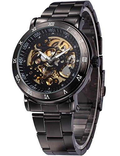 AMPM24 Men's Skeleton Black Dial Automatic Mechanical Dark Silver Steel Wrist Watch Gift PMW210
