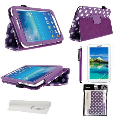 Foxnovo® Polka Dot Hot Flip PU Leather Case Cover for Samsung Galaxy Tab 3 7.0 P3200 / P3210 / T210 / T211 & Stylus Pen & Screen Guard & Cleaning Cloth (Purple)