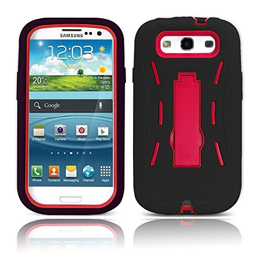 Galaxy S3 Case, MagicMobile® Premium Heavy Duty Hybrid Shockproof Armor Cover Black Silicone Layer and Red Hard Plastic Shell with Kickstand + MagicMobile Charm