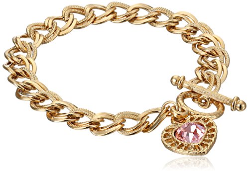 1928 Jewelry Hearts 14k Gold-Dipped Toggle Charm Bracelet with Pink Swarovski Crystals