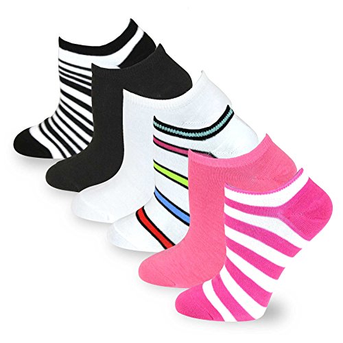 TeeHee Women's Fashion Solid & Stripe No show socks 6 Pair Pack, Size 9-11