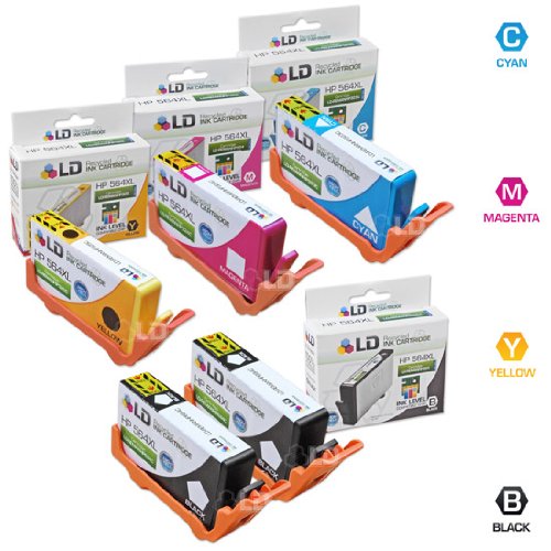 LD © Remanufactured Set of 5 Replacement Inkjet Cartridges for Hewlett Packard (HP) 564XL: 1 Black CN684WN, Photo Black CB322WN, Cyan CB323WN, Magenta CB324WN, Yellow CB325WN- Shows Accurate Ink Levels