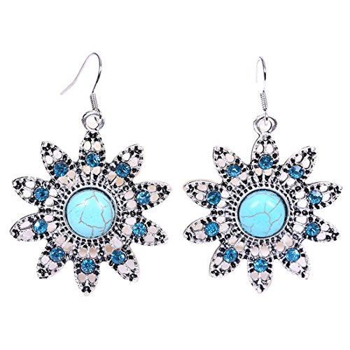Fashion Blue Turquoise Crystal Sunflower Pendant Women Alloy Hook Earrings