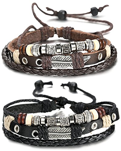 FIBO STEEL Leather Charm Bracelet for Men Wrap Braided Wrist Cuff, Adjustable 7.6-11 inches