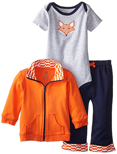 Yoga Sprout Baby-Boys 3 Piece Fox Track Jacket Bodysuit Pant Set, Fox, 9-12 Months