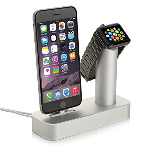 Niutop Apple Watch Stand & Iphone Stand, Premium [2 in 1] Apple Watch Iphone [Charging Dock] Solid Aluminum Body Desk Charge Charging Station, Apple Watch Charge Charging Stand Cradle Holder for Apple Iwatch 38mm/42mm, Comfortable Viewing Angle Charging Stand Holder for Iphone 6, Iphone 6 Plus, Iphone 5 5s 4s (Silver)
