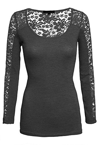 Women's Casual Scoop Neck Lace Inset Long Sleeve Comfort Slim Fit Fashion Top