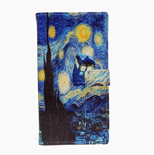 HTC M9 Case, HTC One M9 Wallet Case -Tardis Blue Police Call Box Vincent van Gogh Starry Nigh Pattern Slim Wallet Card Flip Stand Leather Pouch Case Cover For HTC One M9 - Cool As Great Gift