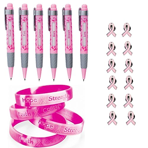 Pink Ribbon Breast Cancer Awareness Set - 12 Pink Camouflage Bracelets + 12 Pink Message Pens + 12 Pink Ribbon Pins