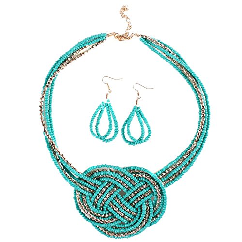 Qiyun (TM) 18K Gold Twist Small Beaded String Torsade Multiple Rows Necklace Earrings Set