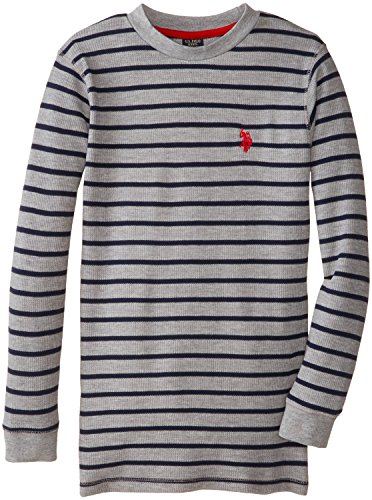 U.S. Polo Assn. Big Boys' Striped Crew Neck Thermal Long Sleeve Pullover, Light Heather Gray, 18