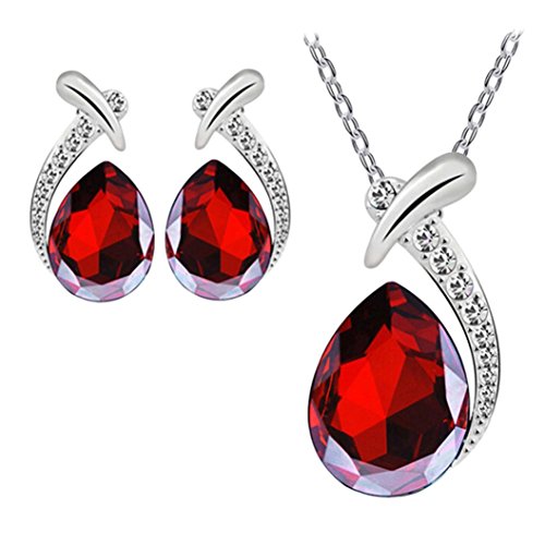 Sannysis Women Crystal Pendant Silver Plated Chain Necklace Stud Earring Jewelry Set (Red)