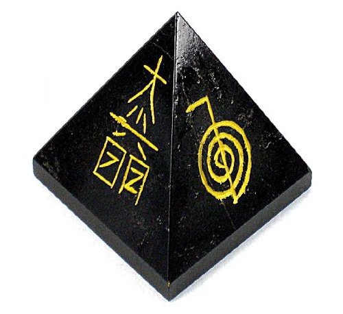 USUI REIKI PYRAMID ~ Black Agate Healing Stone w/ Etched Reiki Symbols ~ 45-60mm Size