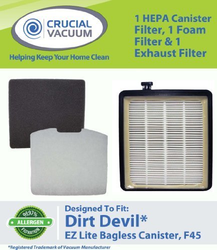 1 Dirt Devil F45 HEPA Canister Filter, Foam Filter & Exhaust Filter Fits Dirt Devil F45, Pets Canister Vacuum SD40000, & EZ Lite Canister SD40010; Compare to Part # 2KQ0107000, 2KQ0104000, 1KQ0106000; Designed & Engineered By Crucial Vacuum