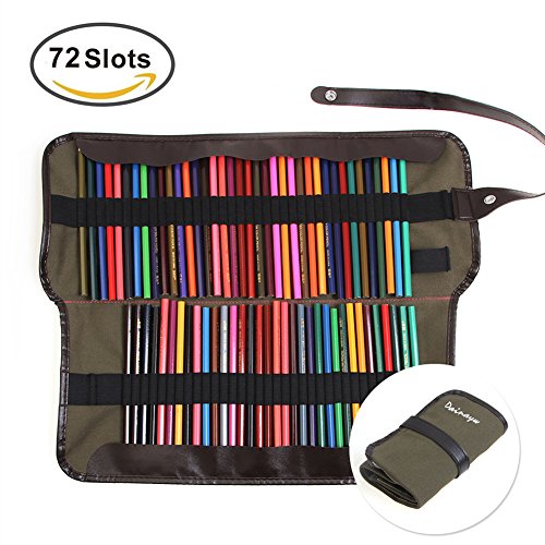 Dainayw Canvas Pencil Wrap, 72 Pencil Holder Colored Pencils Case Roll Multi-purpose Pouch for School Office Art.soft Pencil Bag for Travel Makes Your Pencils Organized (Dark Green)