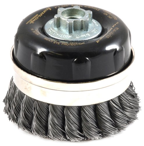 Forney 72869 Wire Cup Brush, Industrial Pro Twist Knot with Bridle 5/8-Inch-11 and M14-by-2.0 Multi Arbor, 4-Inch-by-.020-Inch