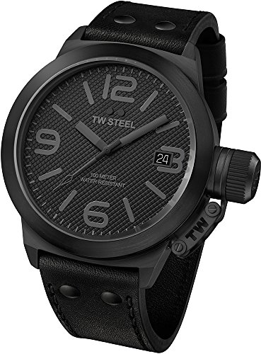 TW Steel Unisex Quartz Watch with Black Dial Analogue Display and Black Leather Strap TW844