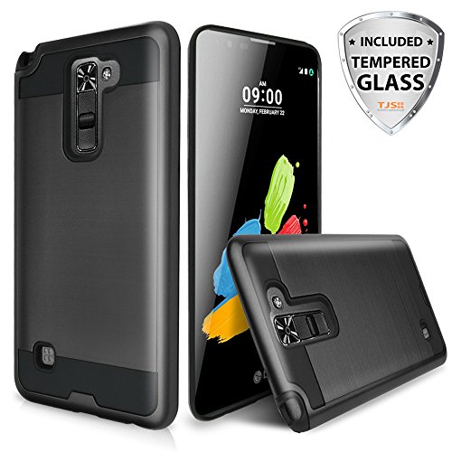 LG G Stylo 2 LS775 Case, LG G Stylus 2 L82VL L81VL K540 K520 Case With TJS® Tempered Glass Screen Protector Included, Dual Layer Shockproof Tough Brushed Hybrid Armor Drop Protection Case (Black/Black)