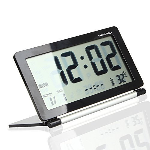 eBoTrade Dirct® Multifunctional Silent LCD Mini Digital Travel Desk Electronic Alarm Clock With Date/Time/Calendar/Temperature Display, Snooze, Folding (Black)