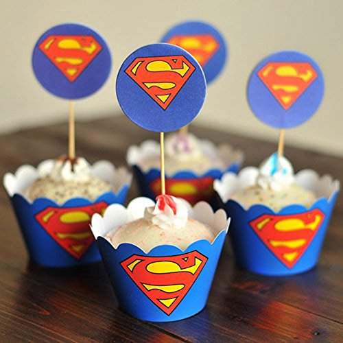 Set of 12 Superman Super Hero Kids Birthday Party Paper Cupcake Liner Wrap Wrappers with Toppers
