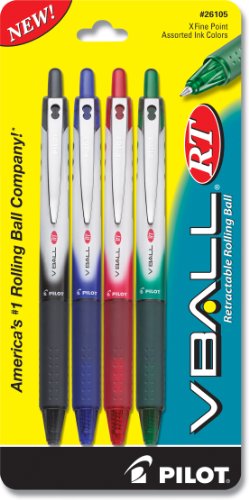 Pilot VBall RT Retractable Rolling Ball Pens, Extra Fine Point, 4-Pack, Black/Blue/Red/Green Inks (26105)