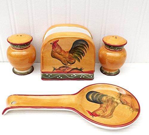 Tuscany Province Sunshine Rooster, Hand Painted Ceramic 4pcs Stove Top Set, 89325/28 by ACK