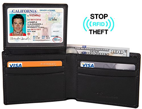 Travelambo Genuine Leather RFID Blocking Protection Mens Credit Card Bifold Wallets Slim Black with Loose Leaf