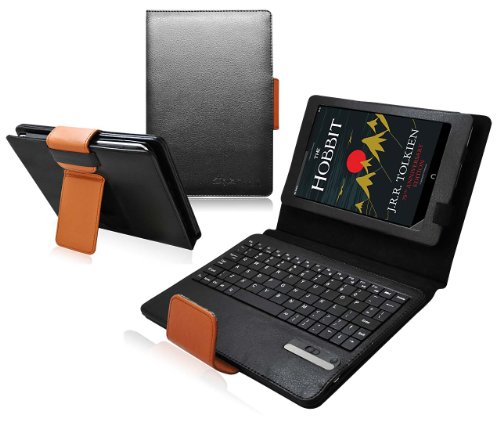 Ionic Bluetooth Keyboard Tablet Stand Leather Case for New Barnes & Noble Nook HD+ 9-inch Wifi (Black/ Brown)[Does not fit Nook Tablet]