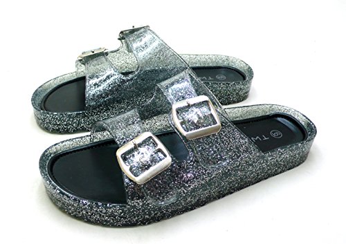 Twing Republic DAZZLE-1 Women's Jelly Glitter Double Strap Soft Footbed Slip On Sandal (9 B(M) US, BLACK GLITTER)
