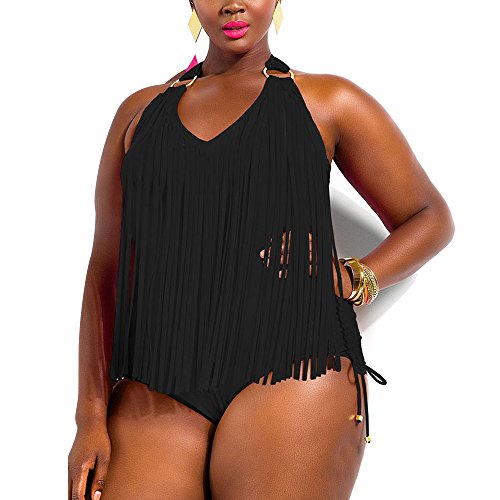 QANSI Tassels Fringed Bathing Suit Women's Swimwear One Piece Plus Size, Black