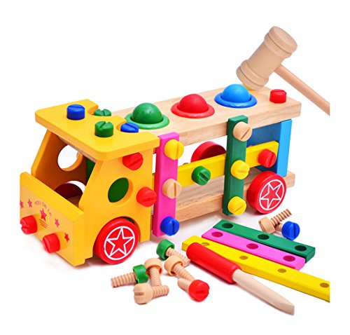Lewo Deluxe 3 pieces Balls Pounding Bench with Mallet Wood Truck Set Wooden Car Sets Toy for Kids
