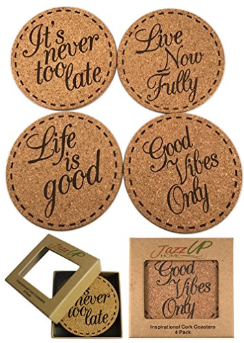 Premium Drink Coasters Gift Set (4 PACK) | X Large - Cork Coasters with Inspirational Quotes