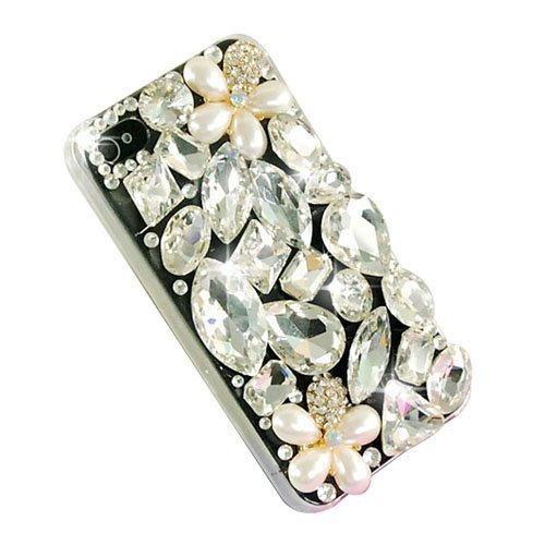 niceeshop White Full Handmade Bling Flowers Pearl Crystal with Clear Hard Case Cover for iPhone 4 4S