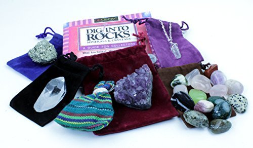 Dancing Bear Brand - Rock and Mineral Stocking Stuffers for Kids, Teens, Adults 6 Pouches - Quartz Point Necklace, Pyrite, Amethyst Cluster, Tumbled Stones, Worry Dolls and Rock Book.
