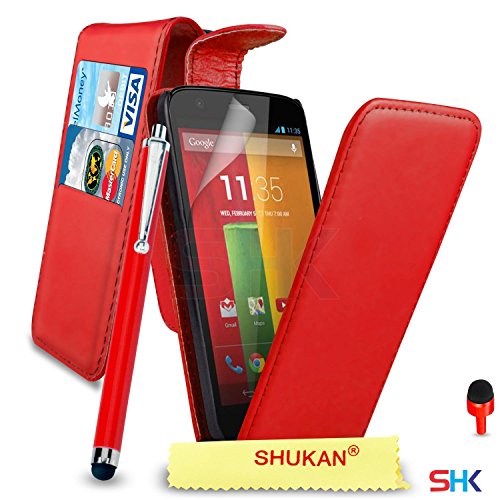 Motorola Moto G Premium Leather Red Top Flip Wallet Case Cover Pouch + Big Touch Stylus Pen + RED 2 IN 1 Dust Stopper + Screen Protector & Polishing Cloth SVL2 BY SHUKAN®, (FLIP RED)