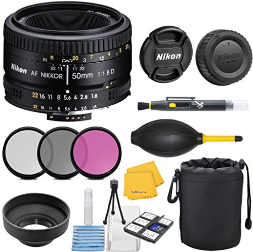 Nikon AF FX NIKKOR 50mm f/1.8D Lens with Auto Focus for Nikon DSLR Cameras with 3pc Filter Kit (UV, CPL, FLD) + Deluxe Pouch + Hood + Cleaning Kit + Accessory Bundle - International Version