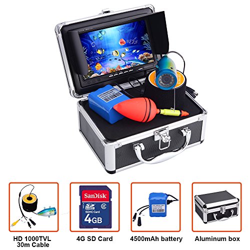 Portable Fish Finder Underwater Fishing Camera System Kit Video Recording Edition DVR 7 Monitor LCD HD 1000TVL IP68 30m Cable 4500mAh Rechargeable Battery Night Version for Ice,Lake and Boat Fishing